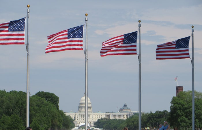 Banderas de EEUU con el Capitolio al fondo Washington