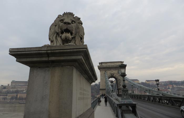 Uno de los leones del Puente de las Cadenas de Budapest